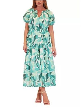 Julia Jordan Leaf Print Split-Neck Puff-Sleeve Dress